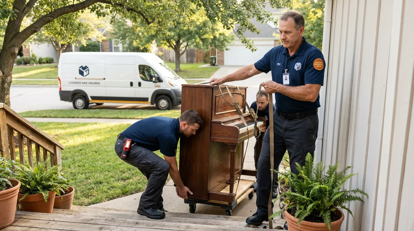Licensed piano movers securing grand piano in Richmond, IN