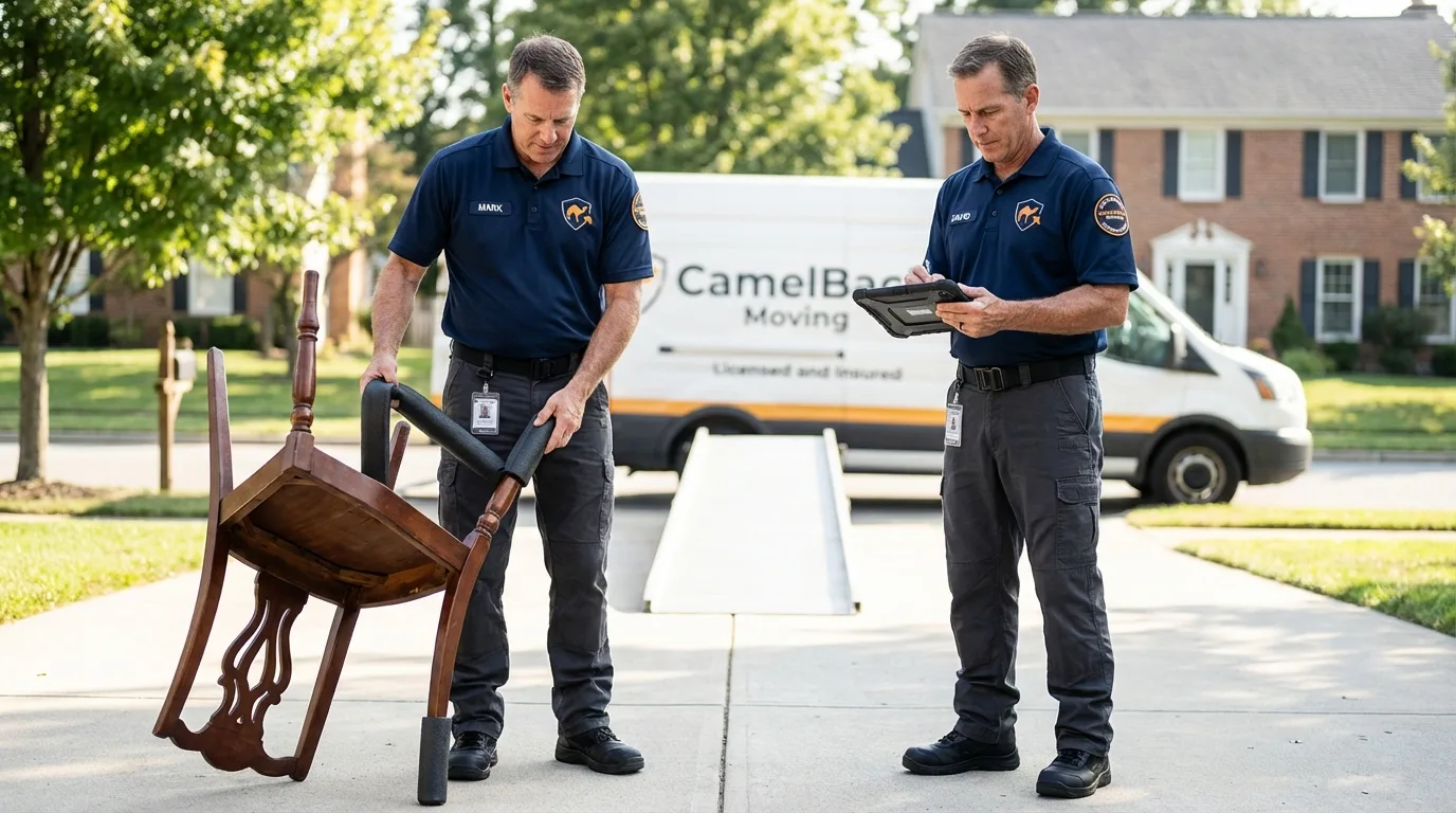 Movers inspecting furniture for damage prevention before loading in Richmond, IN