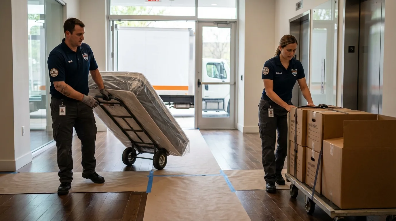 Professional apartment movers loading elevator in Richmond, IN