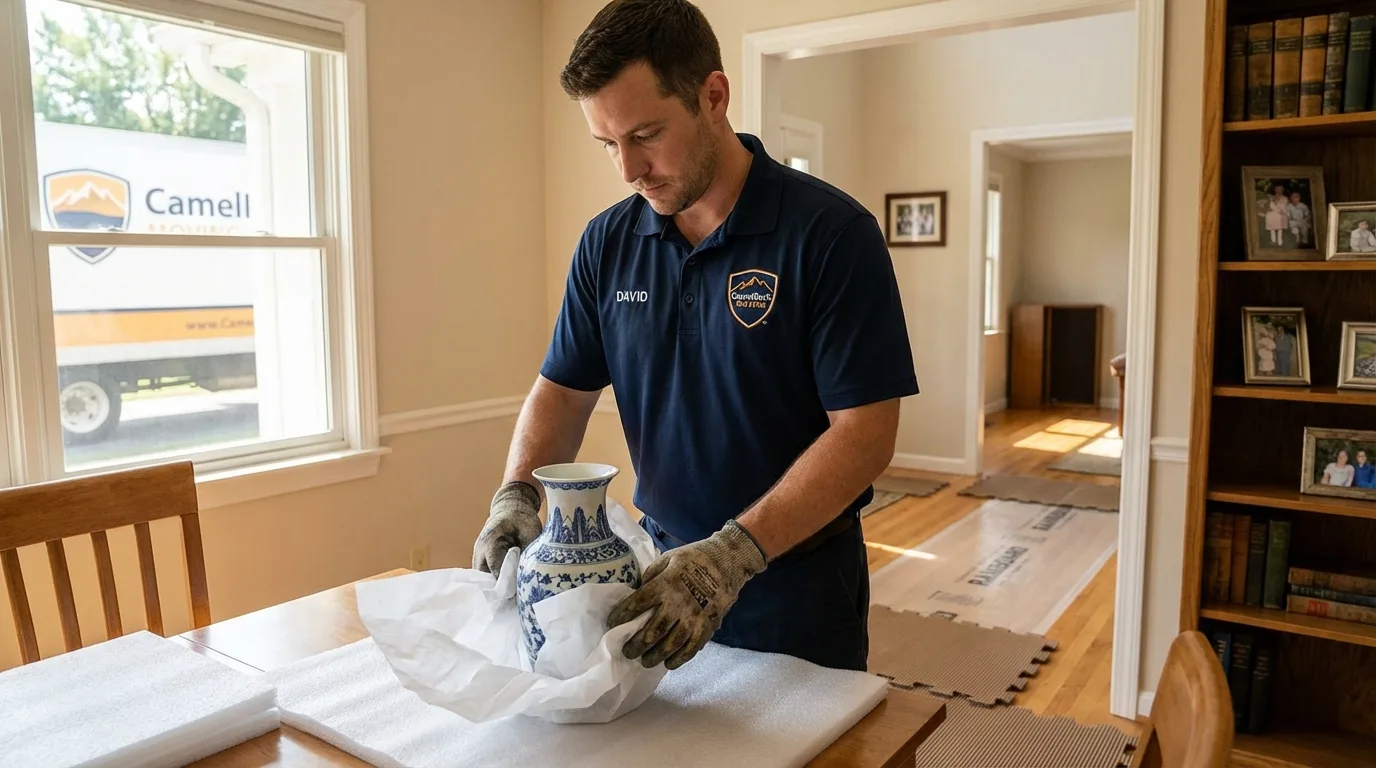 Professional crew carefully wrapping antique vase for senior downsizing move in Richmond, IN